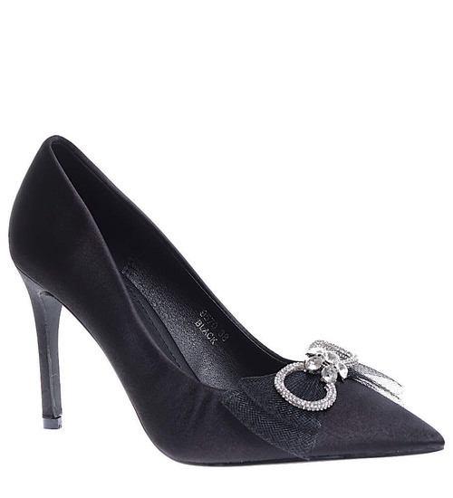 Czarne atłasowe szpilki damskie z kokardą /E1-3 15417  T291/