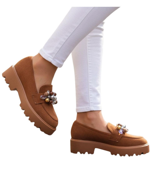 Karmelowe półbuty loafersy na platformie z kamieniami /B6-2 18484 T203/