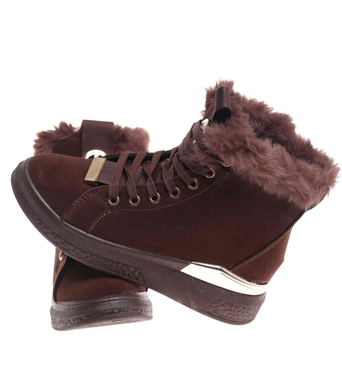 Czekoladowe zimowe trampki z kożuszkiem  /G11-3 18496 T7/