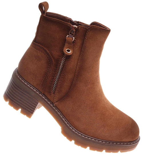 Karmelowe botki damskie na grubym obcasie /F10-2 18245 W477/