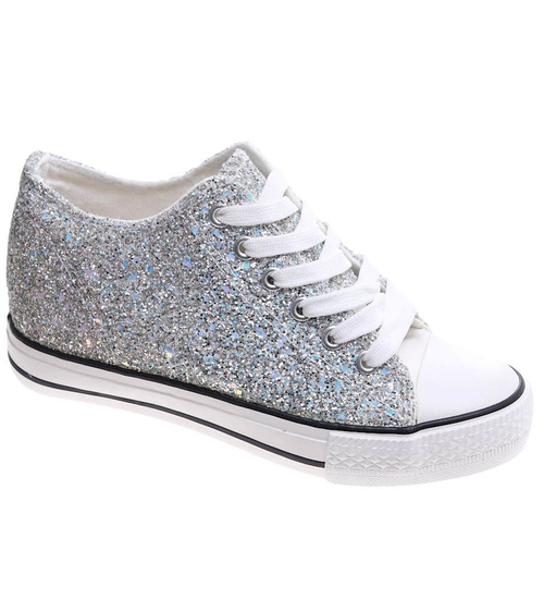 Srebrne trampki sneakersy na niskim koturnie /J4-2 16611 T094/