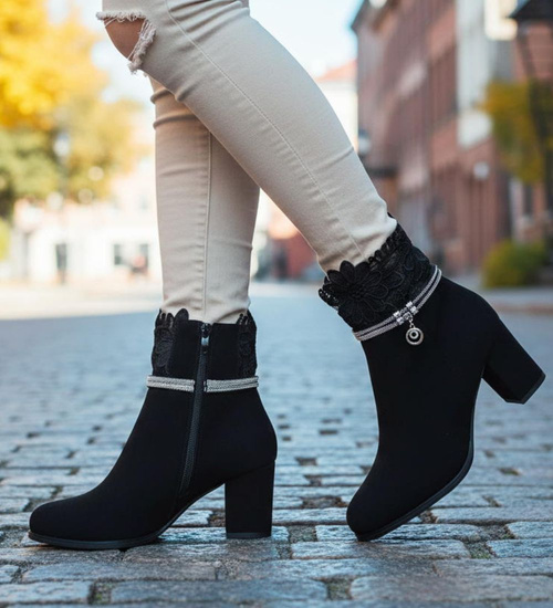 Zimowe czarne botki damskie na obcasie /G12-1 18545 W4/