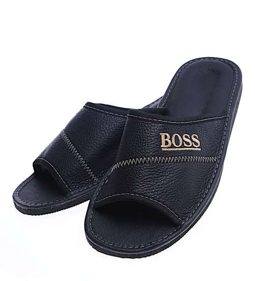 Skórzane męskie klapki domowe Czarne /F10-1 14251 S199/