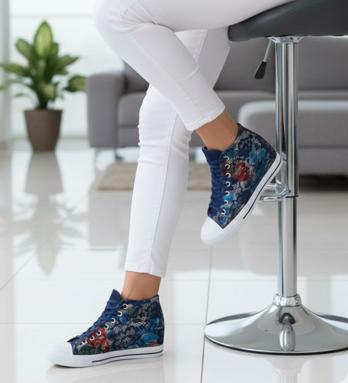 Wysokie sznurowane trampki na niskim koturnie Flower Blue /F1-2 8087 S190/