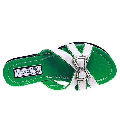 Biało zielone klapki na płaskim obcasie /H2 14341 T005/