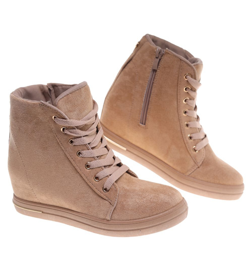 Beżowe sneakersy damskie na koturnie /E8-2 12767 T891/