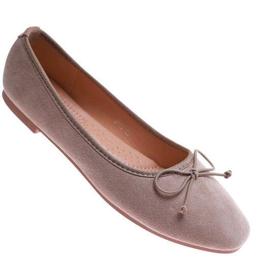 Zamszowe baleriny damskie z kokardą Ciemno beżowe /A9-2 17546 G133/