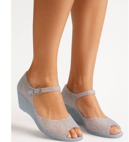 Plażowe sandały meliski na koturnie Srebrne otwarte /H2 14572 T890/