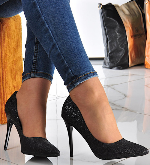 Czółenka damskie brokatowe Czarne /A10-3 10188 S496/