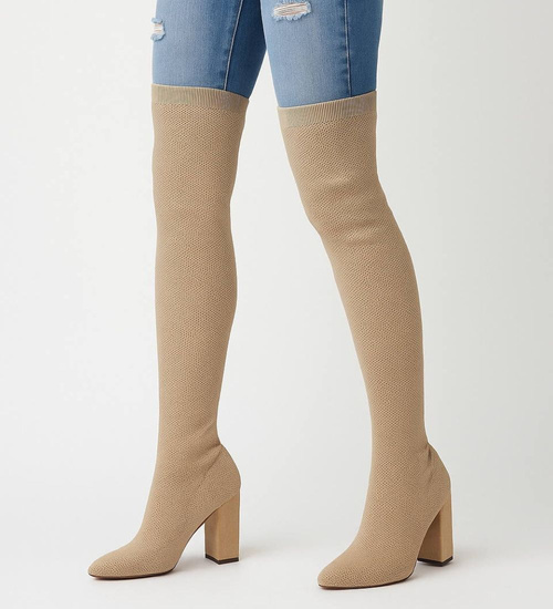 Wysokie kozaki elastyczne Beżowe na obcasie /F3-3 18154 T388/