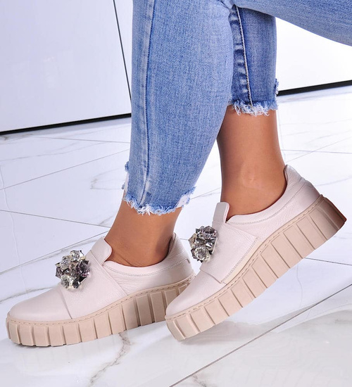 Beżowe skórzane damskie trampki creepersy /F8-2 11728 N0200/