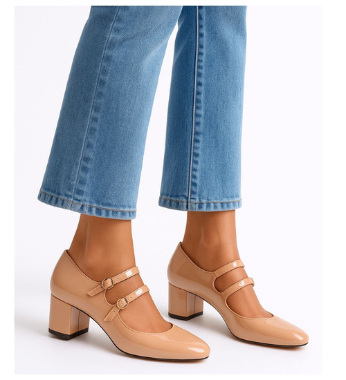 Beżowe czółenka damskie na słupku /B1-3 17504  W182/