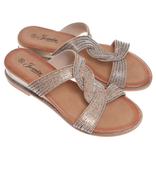 Złote klapki na niskim obcasie ost508