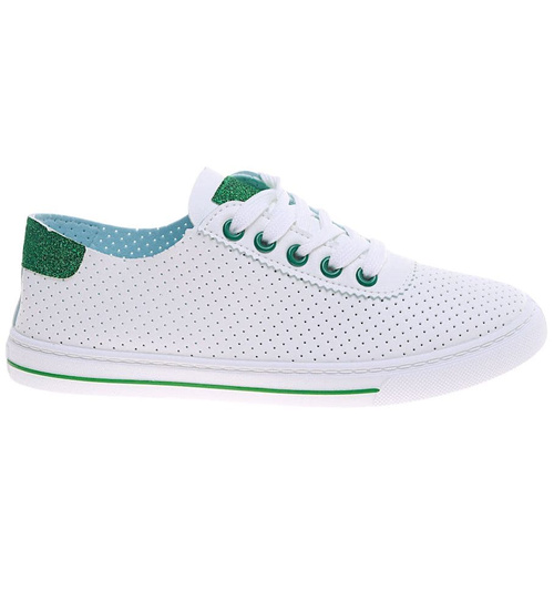 Ażurowe sznurowane biało zielone tenisówki damskie /E9-2 16242 G282/