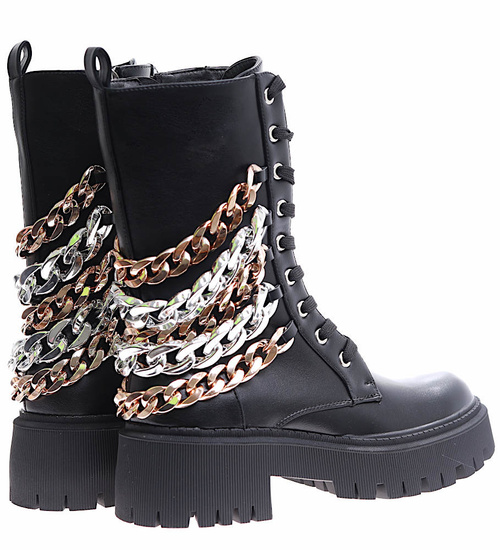 Sznurowane czarne glany trapery na platformie /E9-1 17022 T217/