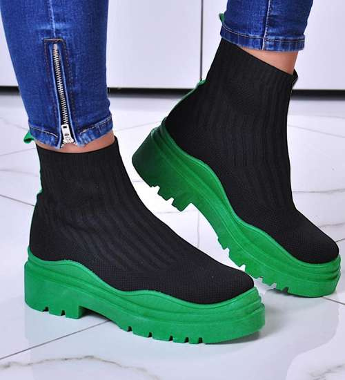 Damskie botki na grubej podeszwie Czarno-Zielone /E6-2 10746 T599/