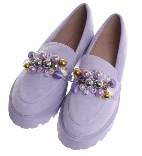 Fioletowe półbuty loafersy na platformie z kamieniami /B3-2 18485 T203/