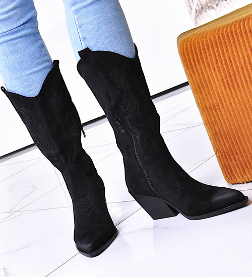 Czarne kozaki damskie na słupku zamszowe /G5-3 12507 T104/