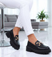 Czarne loafersy damskie półbuty na platformie /F2-2 15478 T336/