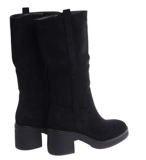 Czarne ocieplane kozaki damskie na obcasie i platformie /B5-1 18434 T6/