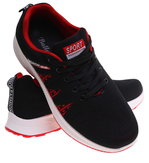 Wiązane czarno czerwone buty sportowe /F7-1 17996 T299/