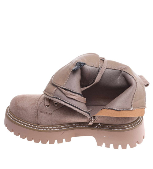 Sznurowane botki trapery na platformie Khaki /G5-2 18246 W437/
