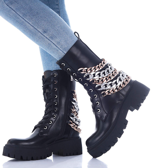 Sznurowane czarne glany trapery na platformie /E9-1 17022 T217/