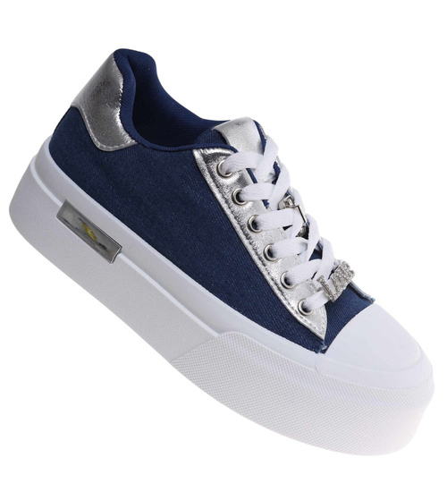 Materiałowe trampki na platformie granatowe /J5-318490 W6/