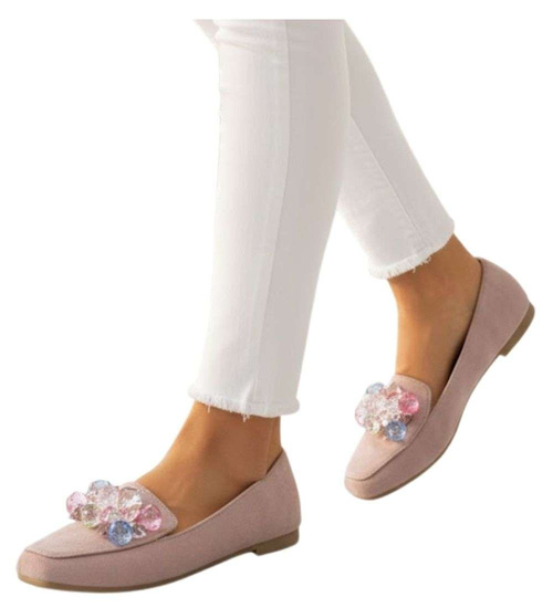 Stylowe balerinki lordsy z kamieniami Khaki /C6-2 14084 T488/