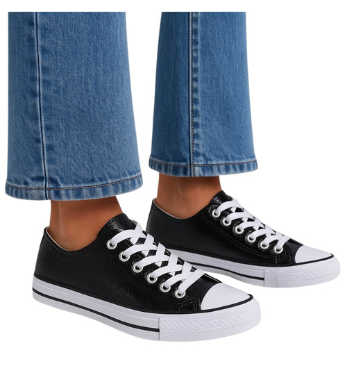 Czarne wiązane damskie trampki /D6-3 16403 G168/