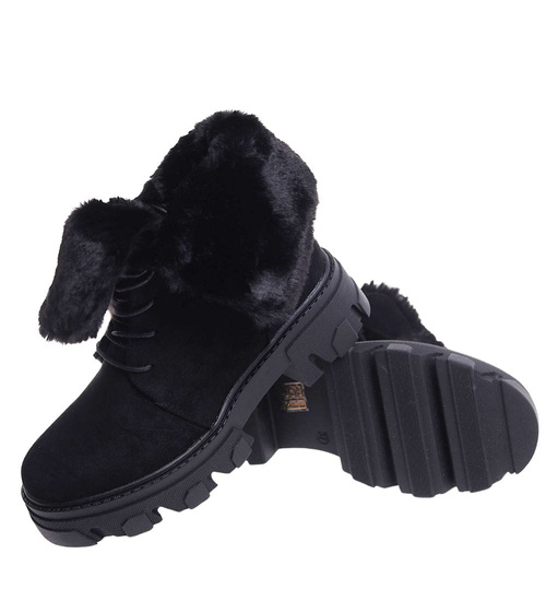 Zimowe botki trapery z wywijaną cholewką Czarne /G3-3 18529 T288/