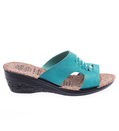 Turkusowe klapki na niskim obcasie z nacięciami /H2 14307 T005/