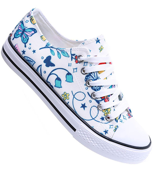 Białe sznurowane damskie trampki z kolorowym printem /D7-2 15604 T266/