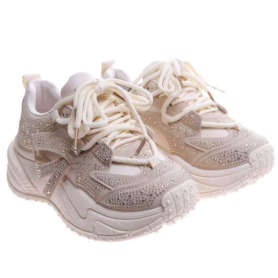 Sznurowane buty sportowe na platformie Beżowe /G3-1 17423 T891/