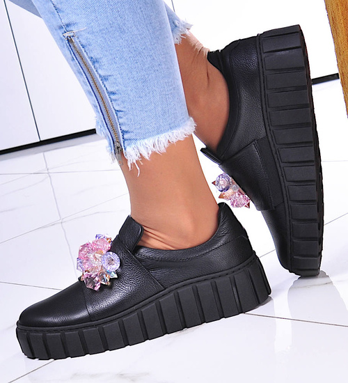 Czarne skórzane damskie trampki creepersy /B5-1 11692 N0200/