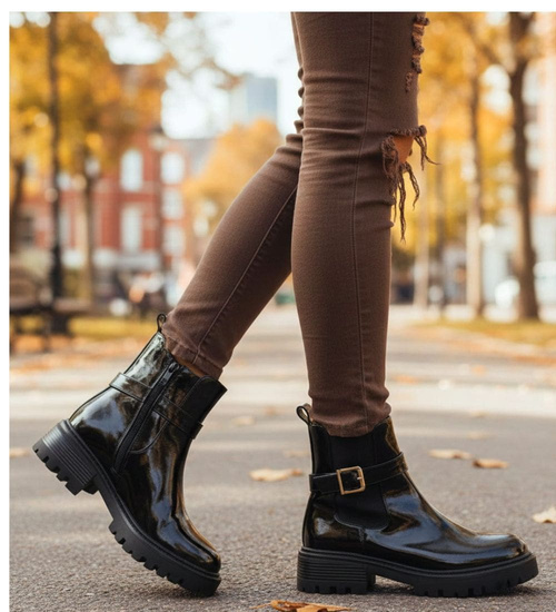 Zimowe czarne botki lśniące workery /A5-1 18561 W4/