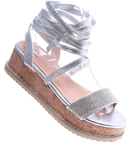 Srebrne sandały na platformie Lace Up /B6-3 14521 T134/