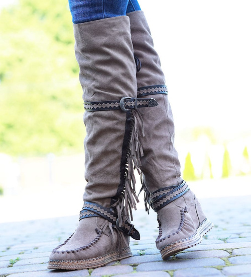 Wysokie kozaki boho na ukrytym koturnie Khaki /D2-1 14926  T239/