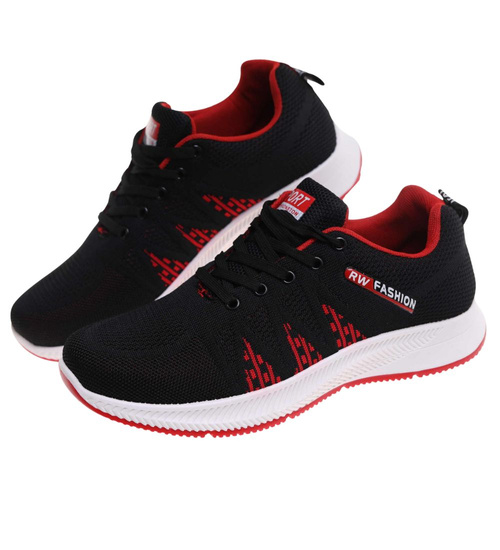 Wiązane czarno czerwone buty sportowe /F7-1 17996 T299/