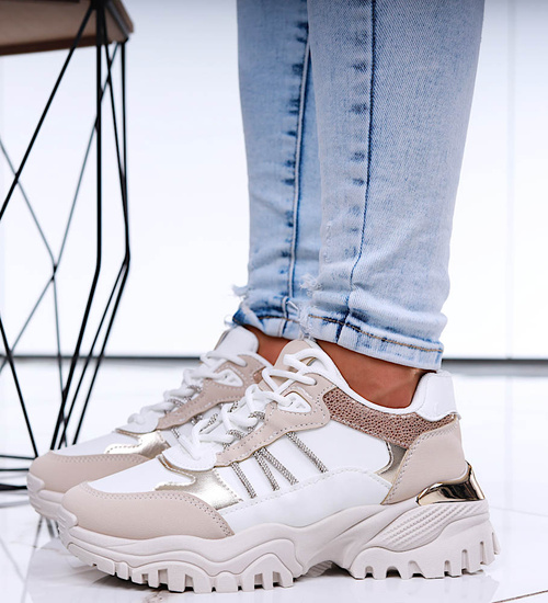 Sznurowane biało beżowe buty sportowe na platformie /G8-2 16805 T683/