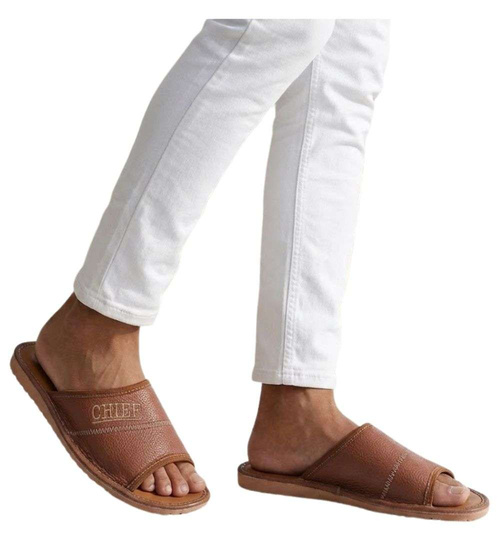 Skórzane otwarte klapki domowe Chief brązowe /G8-1 18685 S199/