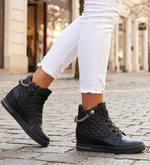 Czarne sneakersy damskie na koturnie /E8-1 12772 T796/