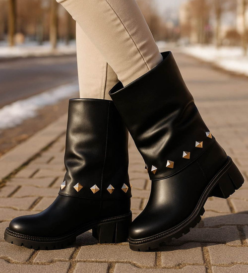 Czarne wysokie botki damskie na klocku /J6-4 18598 T177/