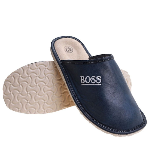 Skórzane męskie kapcie na prezent Granatowe /F1-1 7893 S196/