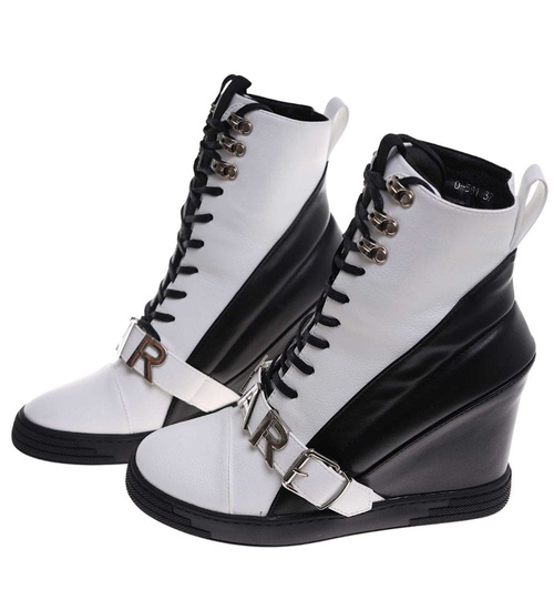 Sznurowane biało czarne trampki sneakersy koturnie /C1-3 18050 T284/