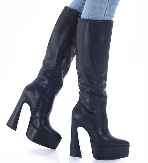 Czarne kozaki damskie na platformie /E6-3 16915 G382/