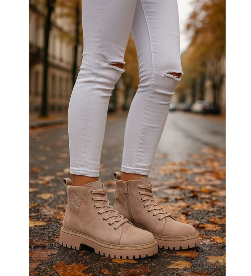 Sznurowane botki trapery na platformie Khaki /G5-2 18246 W437/