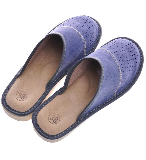 Skórzane kapcie damskie z Podhala Granatowe /A3-1 8452 S197/