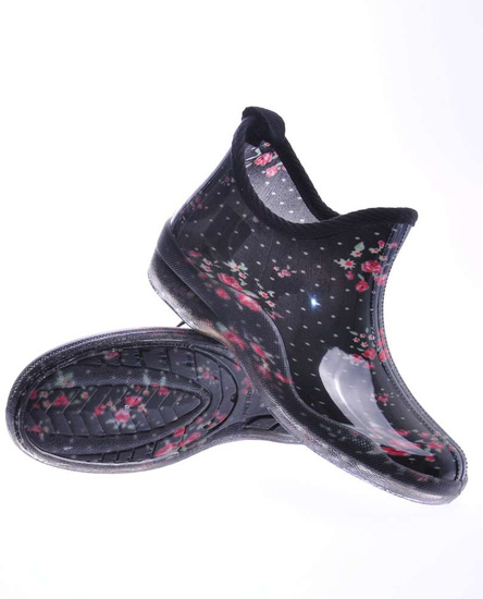 Damskie kalosze z krótką cholewką w kwiaty czarne /C6-1 12488 T495/