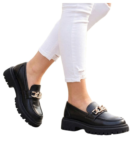 Czarne półbuty mokasyny na platformie /A2-2 12705 T598/